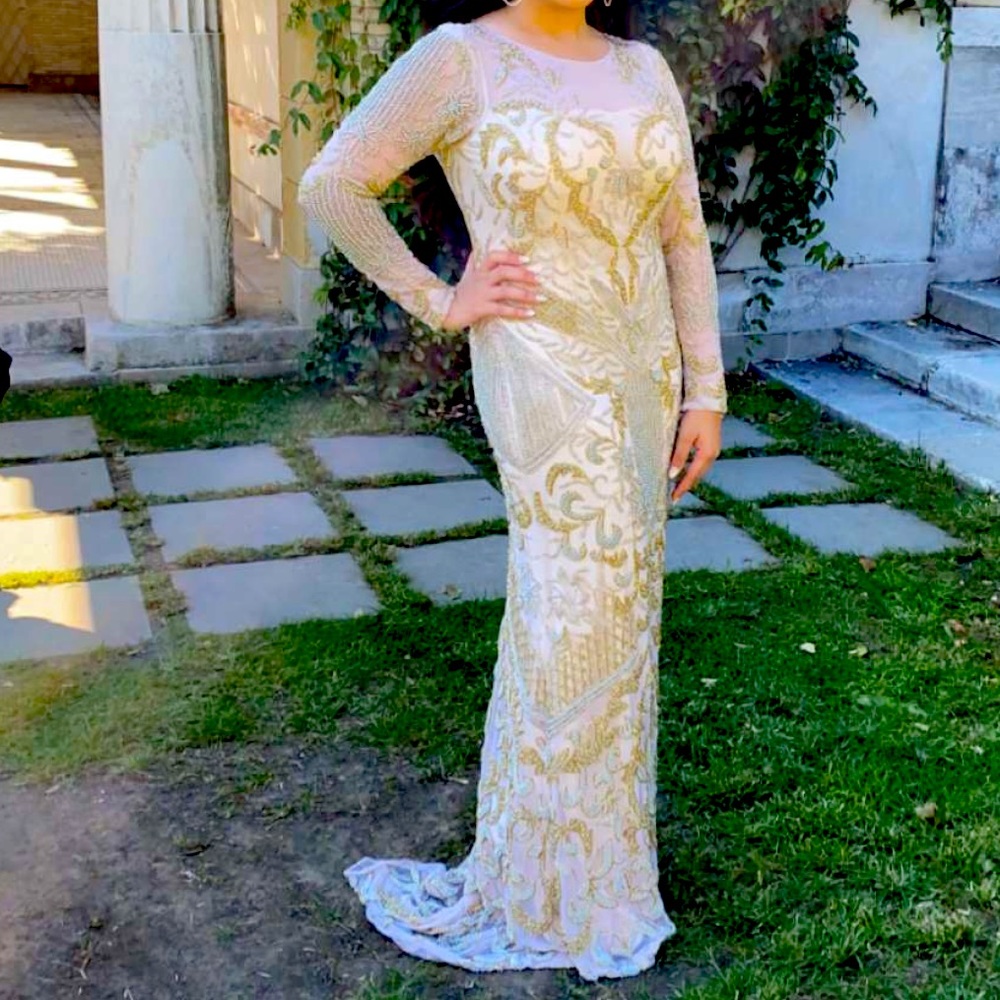 Primavera Couture Ivory and Gold Embellished Gown